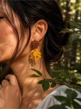 Monstera Leaf Dangle Earrings in Yellow and Brown - Women Other Earrings